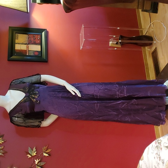 Silk Maxi BIBA Butterfly Beaded Purple Flutter Dress Mid Arm Flutter Sleeves - Picture 1 of 10